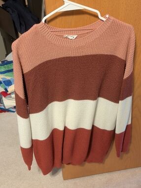 Colorblock Crewneck Sweater in Pink, Brown & Cream